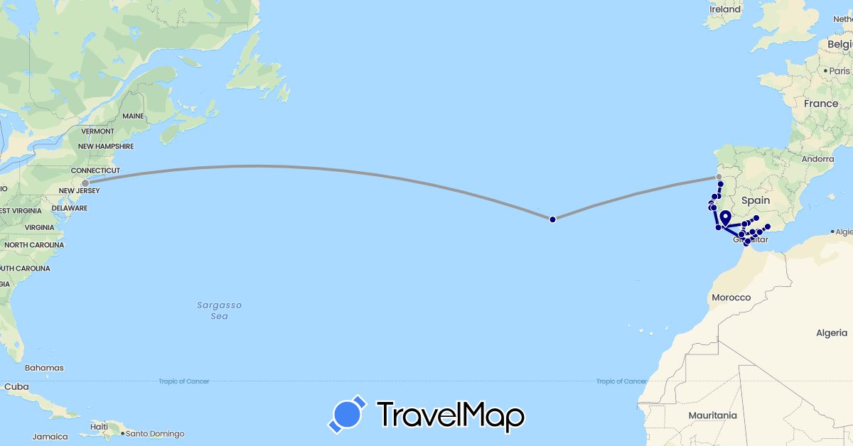 TravelMap itinerary: driving, plane in Spain, Morocco, Portugal, United States (Africa, Europe, North America)
